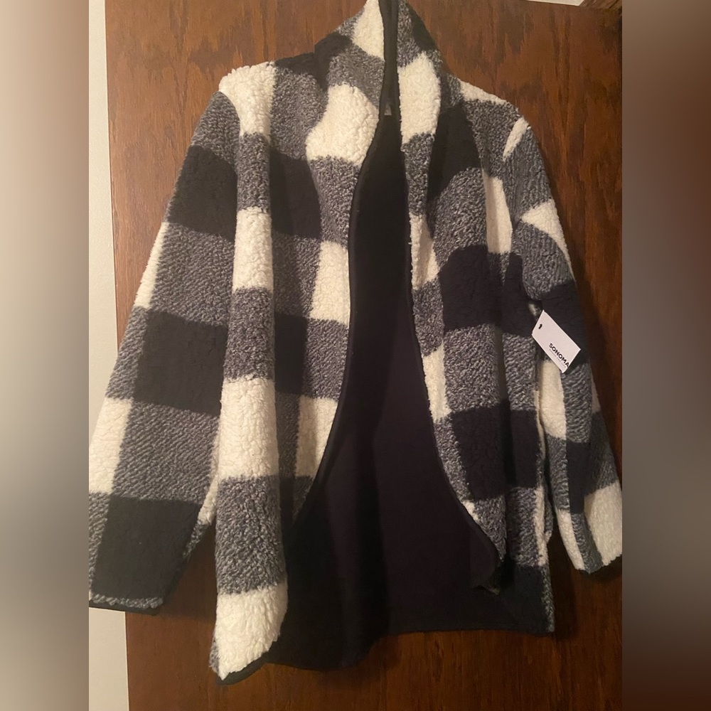 Sonoma Faux Fur Black and White Buffalo Plaid Coat Size XL
